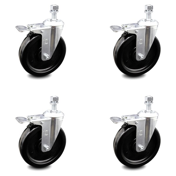6 Inch Phenolic Swivel 1/2 Inch Threaded Stem Caster Set with Total Lock Brake SCC